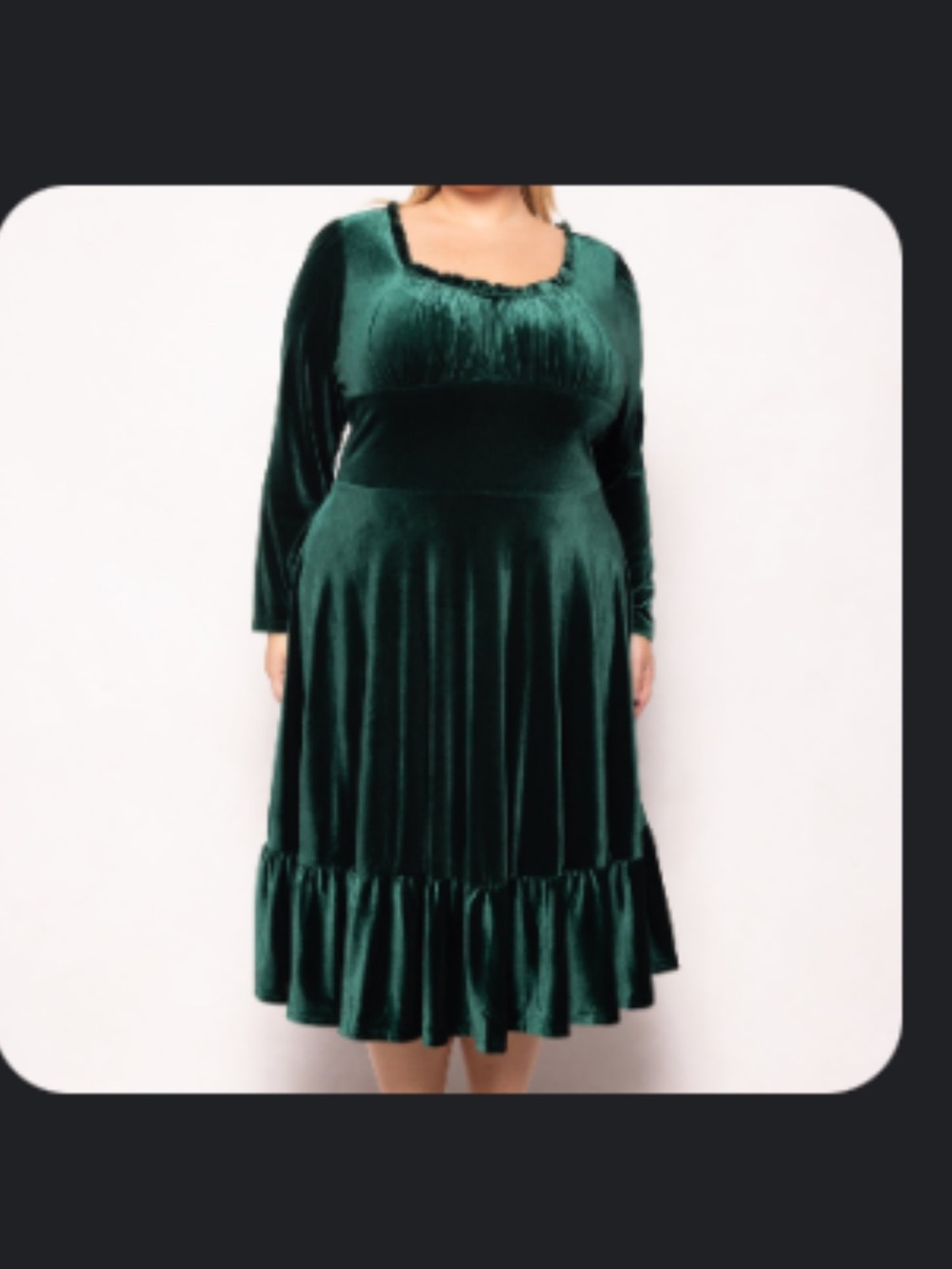 Plus Velvet Long-Sleeve Ruffle-Hem Dress in Emerald